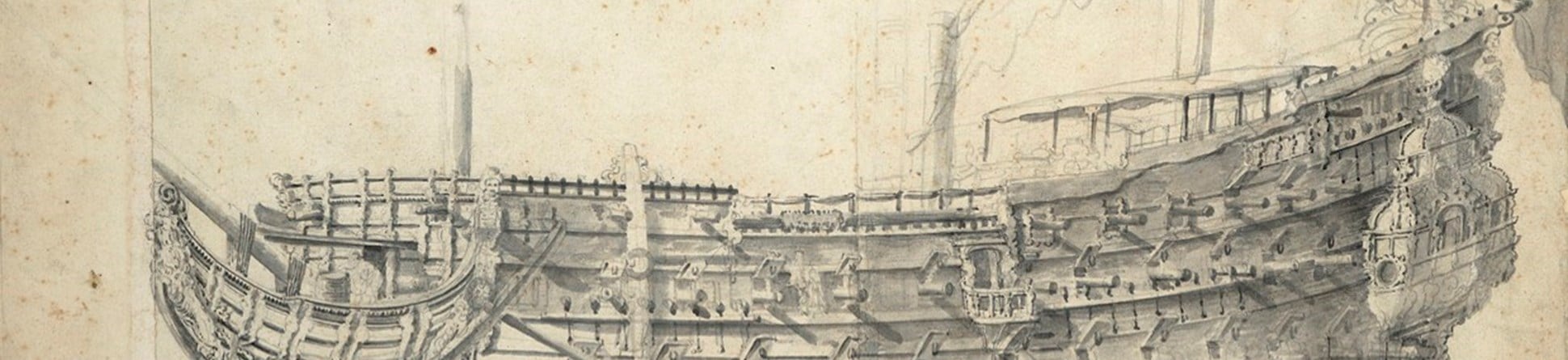 Pencil and wash portrait of a warship in broadside view, with a flag flying from the stern at right, and only the lower portions of its masts visible. At top left is a separate drawing of a Union Jack.