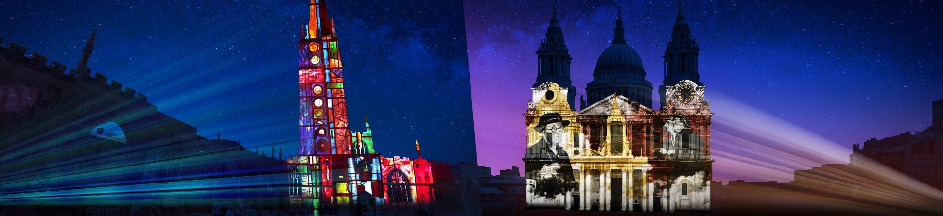 Artist's impression of light projections on Coventry Cathedral and St Paul's Cathedral