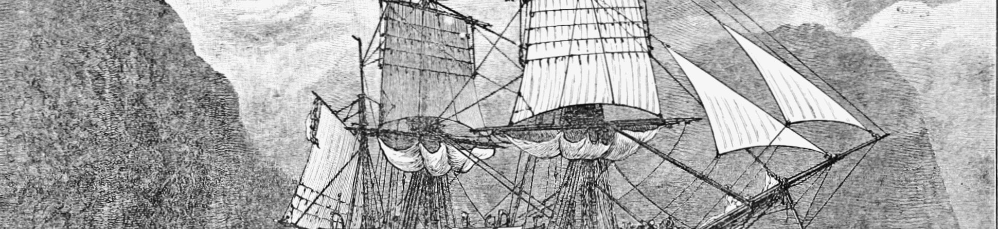 Black and white drawing depicting the HMS Beagle. There are smaller boats around it showing people waving to it.