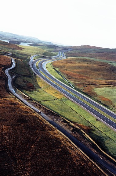 Oblique aerial view of the M6 motorway through the Lune Valley.