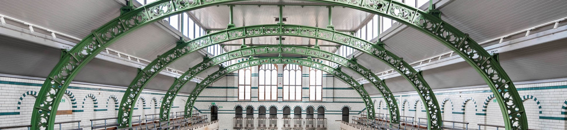 Ornate iron structure inside the Gala pool