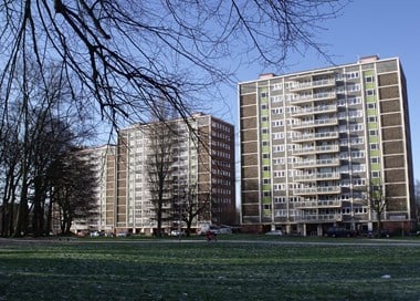 The three tower blocks at Curtis Gardens, Birmingham. The estate is known to be a 1960's time capsule. The tower blocks were called after the three fields on the former Foxholleys estate: Coppice, Hollypiece and Homemeadow.