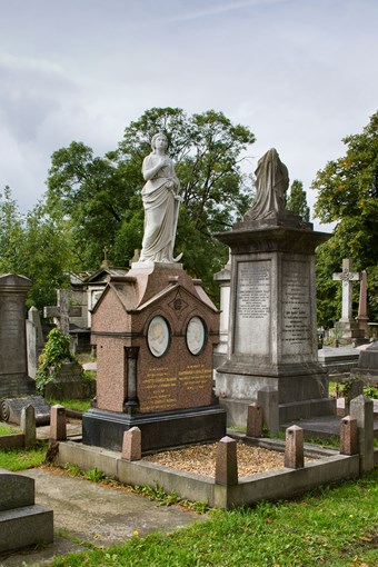 Emile Blondin's pink Peterhead granite and Carrara marble monument at Kensal Green Cemetery, London