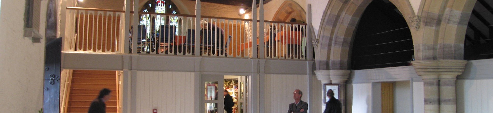 Interior of a church in Yarpole where a gallery and shop have been added and the space made more flexible.