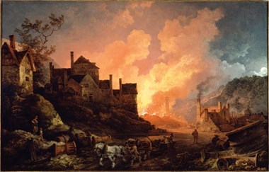 a painting of a hilly landscape showing a working horse in the centre and surrounded by buildings. There is a fire and bright orange smoky glow with in the background, against the night time sky.