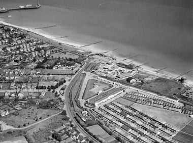 Aerial view of holiday camp near the sea and surrounds