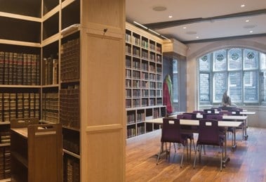 Rochester Cathedral library and archive space, showing the new book and displace cases and the research desks.