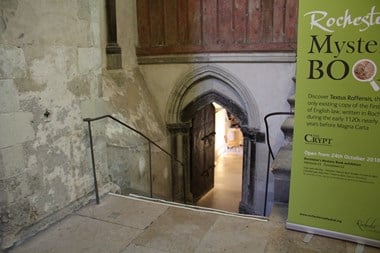 Rochester Cathedral current entrance to the Crypt showing the staircase and handrail.
