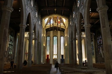 Image of the nave of Sheffield Cathedral, facing West.
