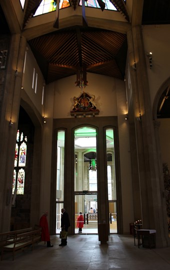 Image of the entrance to Sheffield Cathedral seen from the nave.