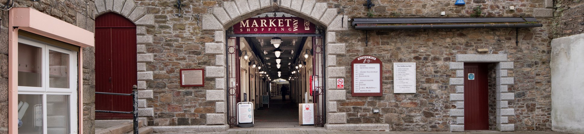 The entrance to a historic covered market building
