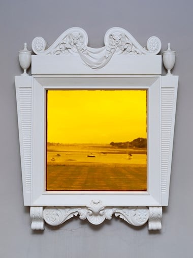Framed 'surrealist' window by Gordon Cullen in the dining room at Harbour Meadow