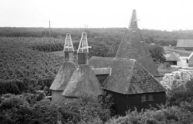 Roundels and chimney with hop fields in the background