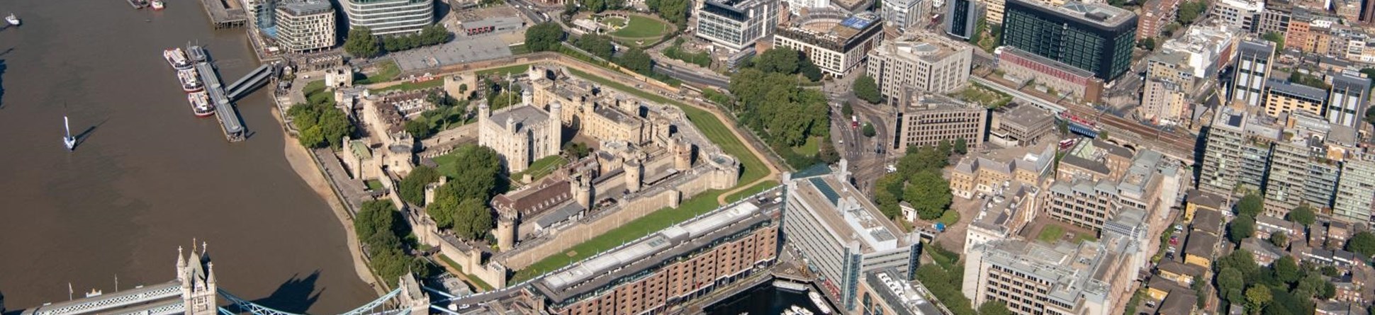 Aerial view of buildings surrounding the Tower of London