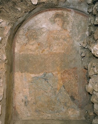 Rare example of in situ Roman wall painting at Lullingstone Roman Villa, Kent.