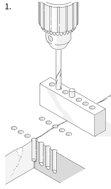Image 1 of 6: Diagram of a drill boring a series of holes perpendicular to a crack in a metal block.