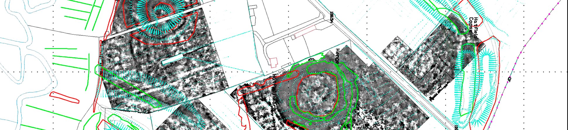 Colour image showing map background with blocks of grey showing the extent of geophysical survey and various coloured lines