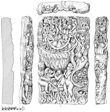 An example of Archaeological illustration: the York Minster Doomstone, with scenes depicting demons tormenting the souls of the damned.