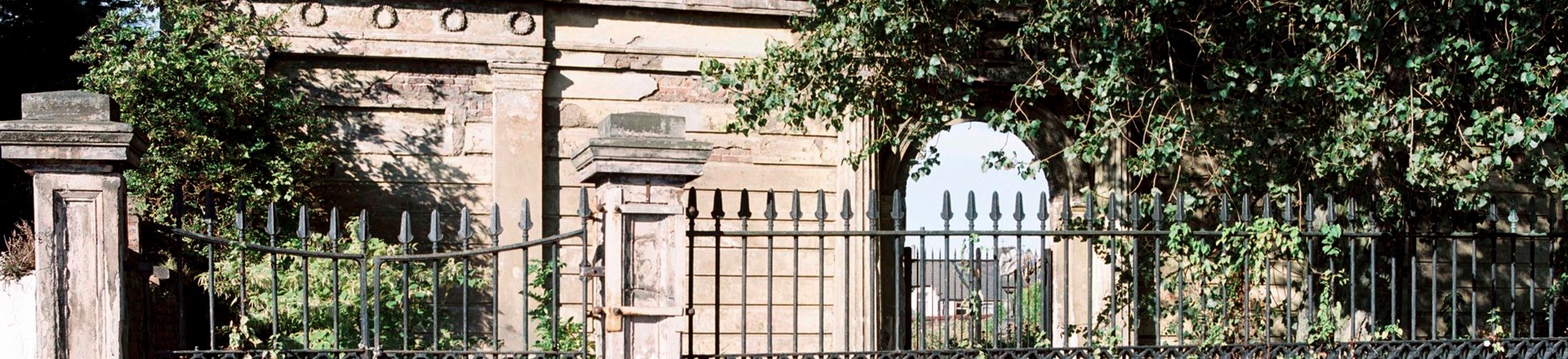 Exterior view of Jewish cemetery screen with front railings, Deane Road cemetery, Merseyside, Liverpool