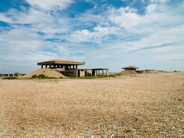 Atomic Weapons Research Establishment, Orford Ness, Suffolk, two 1960s test structures, known as the Pagodas, in the event of an explosion their roofs were designed to smoother the explosion, scheduled.