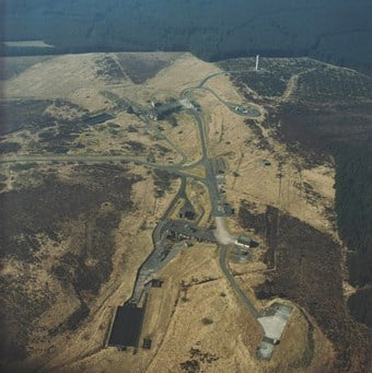 Rocket Establishment Spadeadam, Cumbria, an air photograph of Greymare Hill site of two stands for test firing the 90 ton Blue Streak missile, scheduled.