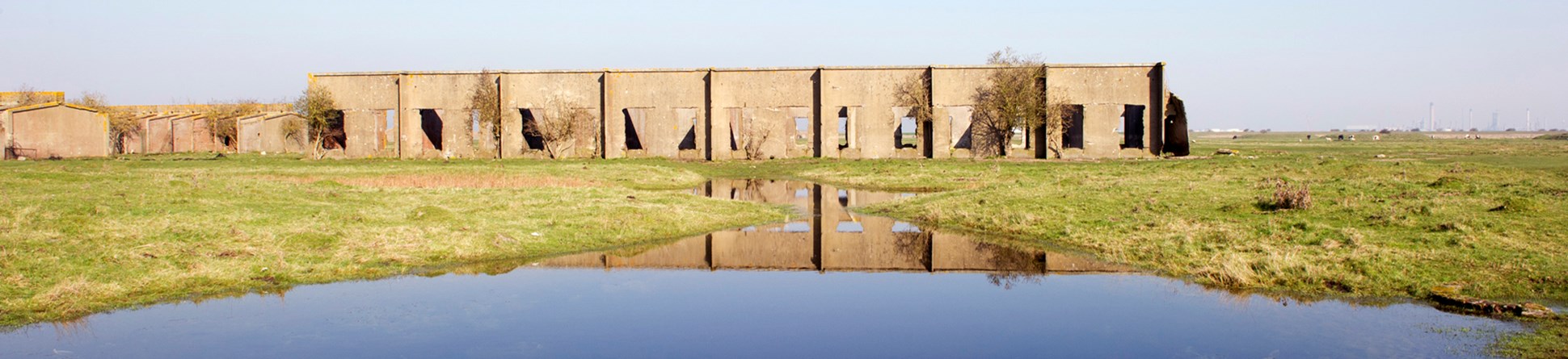 Ruined concrete First World War explosives factory reflected in the marshes of the Hoo Peninsula