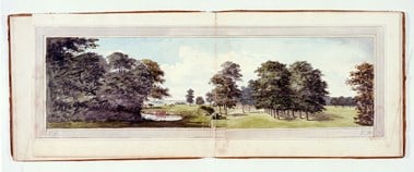 A photographic reproduction of a painting depicting fields, a gate and pond in Moggerhanger Park