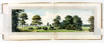 A photographic reproduction of a painting depicting fields, a drive, a gate and pond in Moggerhanger Park