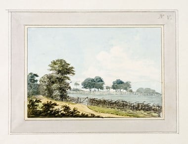 This painting, 'Field with Gate', is plate No. V on page 24 of the Repton Red Book. A photographic copy of it was made in 1986.