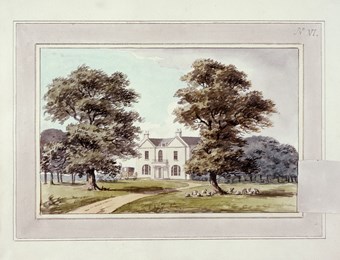 A photographic reproduction of a painting depicting the house and drive in Moggerhanger Park.