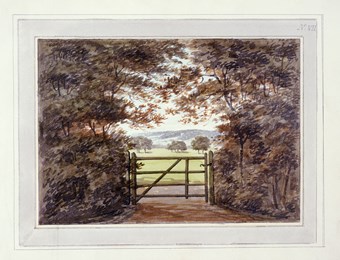 A photographic reproduction of a painting depicting a gate in Moggerhanger Park