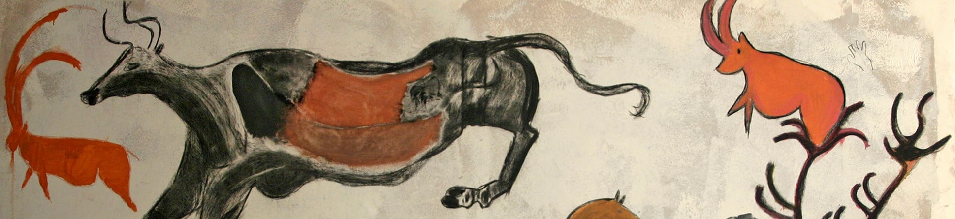 Detail of animals drawn by children in the style of a prehistoric cave painting