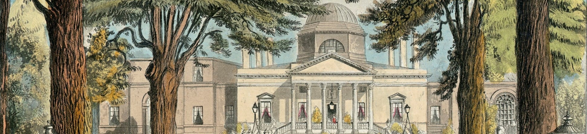 Engraving showing the tree-lined path leading up to the front of Chiswick House