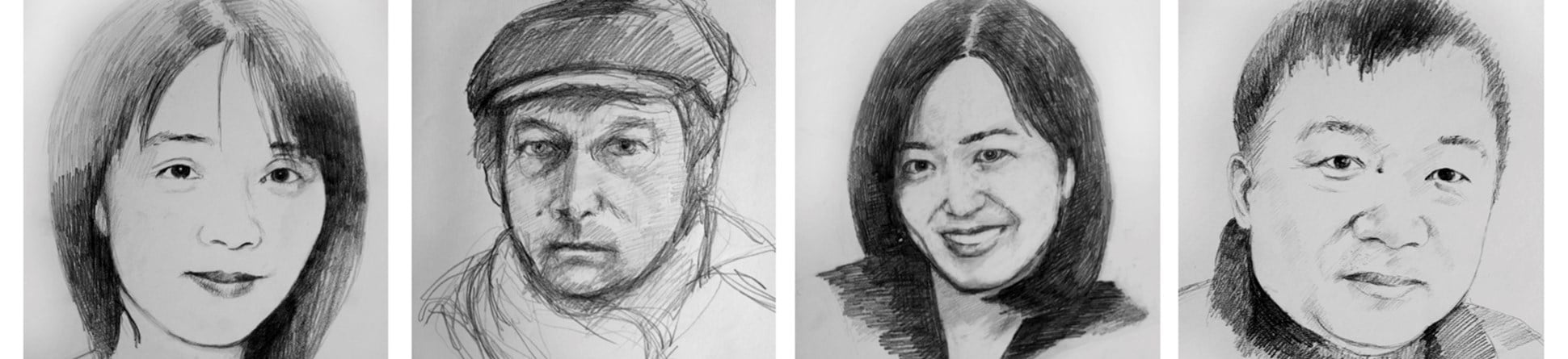 Pencil sketches of the 8 members of the Chinese footprints project team:
Chungwen
Ryszard
Aubrey
Ricky
Haiping
Martin
Lucia
Kahfei
