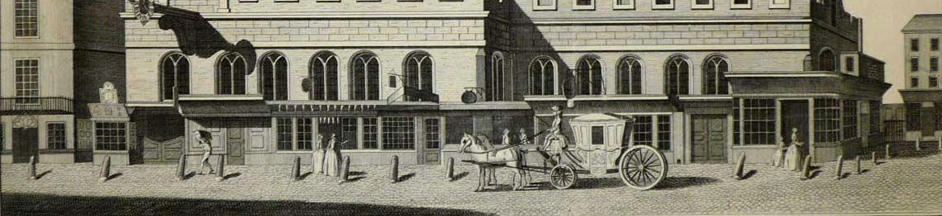 Monochrome illustration of St Dunstan's Church and passing pedestrians and carriages.