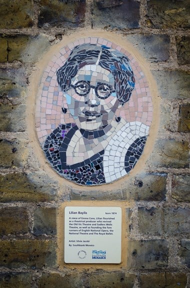 Mosaic on wall of Lillian Baylis