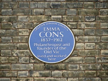 Blue plaque on wall commemorating Emma Cons