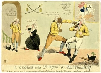 Political satire depicting Chevalier d'Eon and Saint-George, the Price of Wales (later George IV) and George Hanger