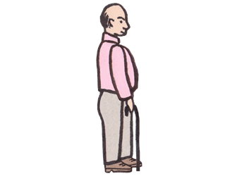 Cartoon illustration of a man standing with a stick, viewed from his right side.