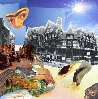 Collage combining historic photos of Chester with a contemporary photo and additional graphic elements.