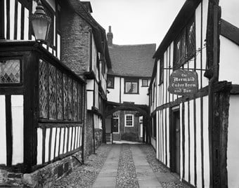 Black and white photo of the Mermaid Inn, Rye