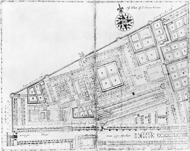 Photograph of a plan dated 1617 held at St Bartholomews hospital, Greyfriars Monastery, Newgate Street, London, EC1.