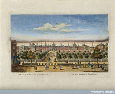 The Hospital of Bethlem [Bedlam] at Moorfields, London: seen from the north, with people in the foreground. Coloured engraving, c. 1771