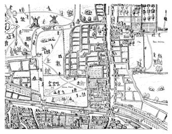 Map showing location of Bethlem in Bishopgate – drawn by Anthonis van den Wyngaerde 1558 engraved by Franciscus Hogenberg 1559