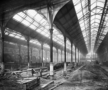 Construction work in the extension to Liverpool Street Station by the Great Eastern Railway, 1894 on the foundations of the first Bethlem Hospital.