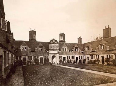 A view from the central green (numbers 5 to 10), Etwall Hospital in Derbyshire, one of a number of almshouses that were built in the 16th century