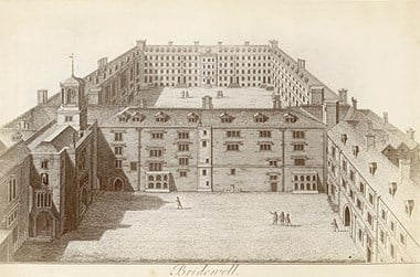 Copy of engraving showing birds-eye view looking into courtyards, Bridewell, London, one of the new hospitals built to house the destitute.