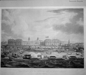 Copy of an illustration of the Royal Naval Hospital showing Lord Nelson's funeral passing Greenwich on the Thames. 