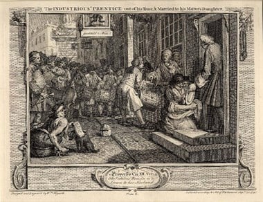 The Industrious 'Prentice out of his Time, & Married to his Master's Daughter. Industry and Idleness by Hogarth, showing the beggar 'Billy in a Bowl'. 