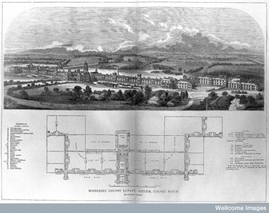 Middlesex County Lunatic Asylum, Colney Hatch, Southgate, Middlesex. A bird's eye view with detailed floor plan and key. Wood engraving by Laing after Daukes.